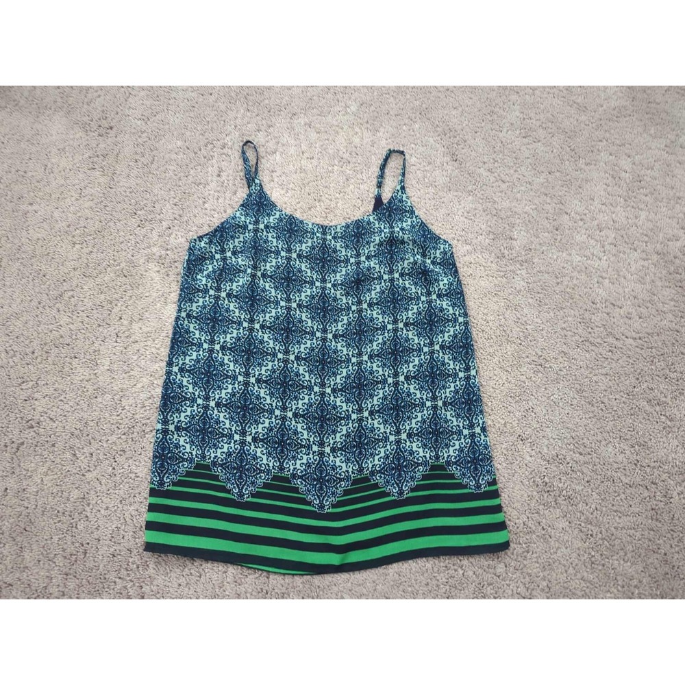 CAbi Tank Top‎ Womens Small Blue Green Border Stripe Scoop Neck Cami Poly Lined